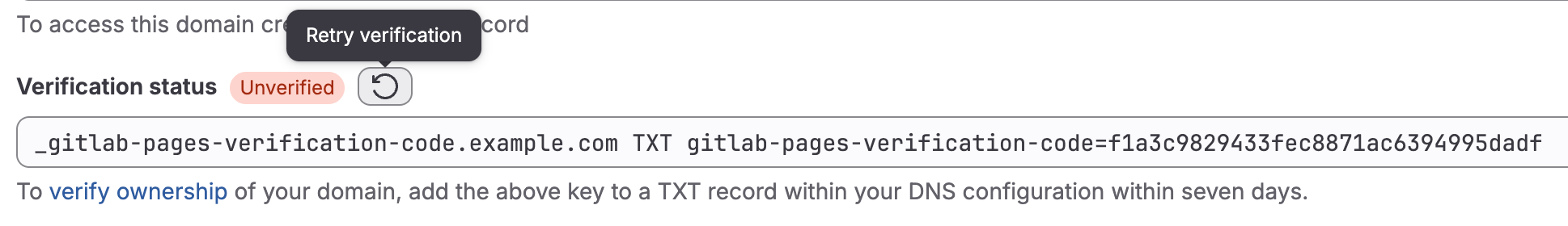 도메인에 대한 인증 재시도 옵션을 보여주는 GitLab Pages 설정 화면.