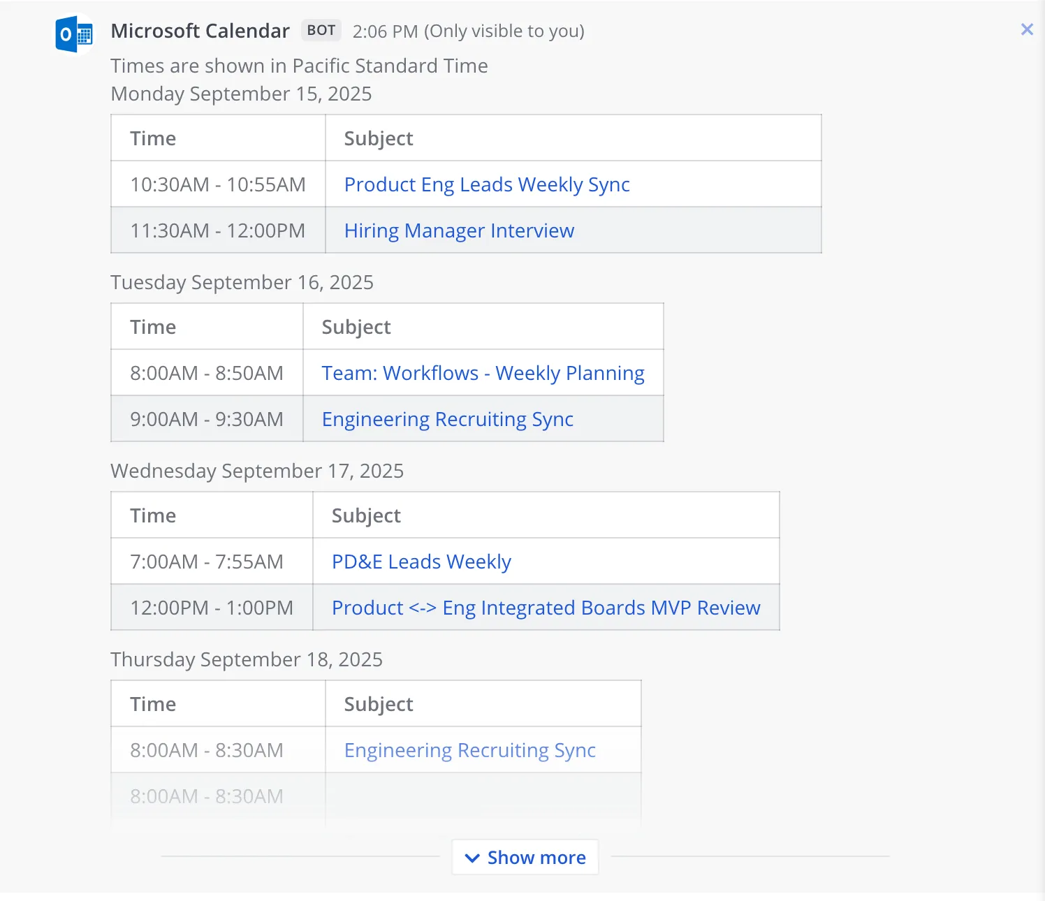 Mattermost에서 Microsoft Calendar 봇으로부터 받은 직접 메시지 예시.