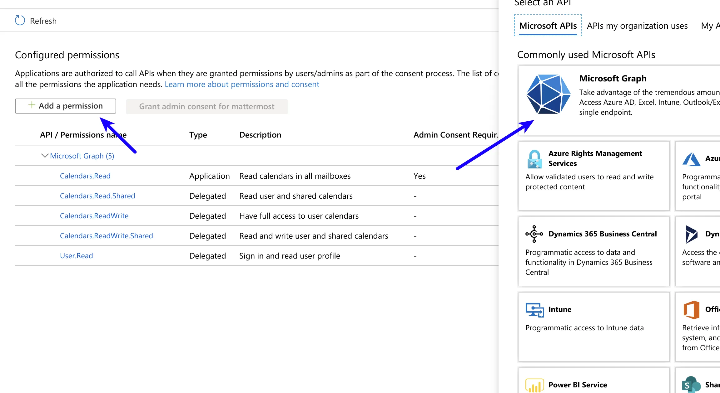 Azure에서 Mattermost 앱에 대한 API 권한을 관리합니다.