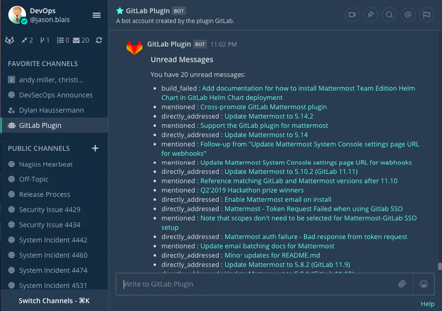 Mattermost용 GitLab 통합 예시.