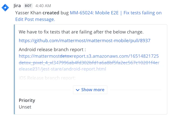 수신 웹훅을 사용하여 Mattermost에 게시된 Jira 알림 예시.
