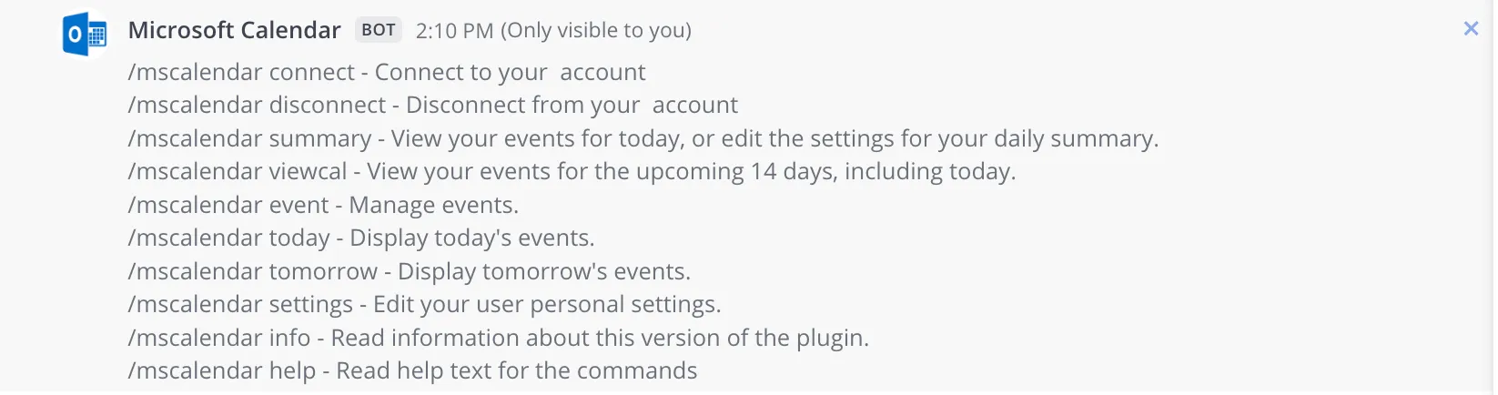 Mattermost에서 Microsoft Calendar에 대해 지원되는 슬래시 명령어 예시.