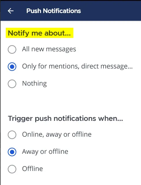 Push Notifications를 선택하여 모바일 푸시 알림이 전송되는 시점을 확인합니다.