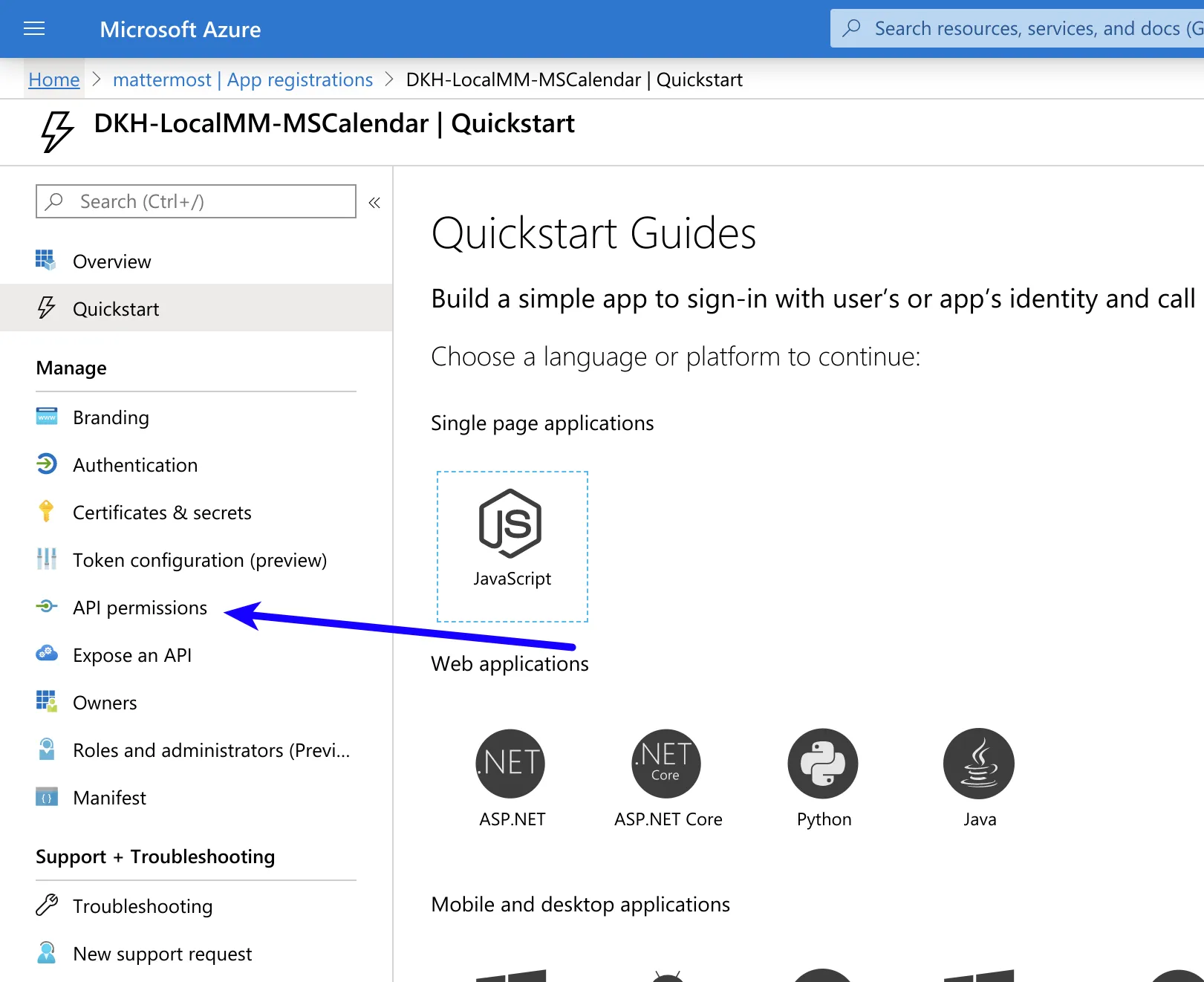 Azure에서 왼쪽 창에 있는 API 권한으로 이동합니다.