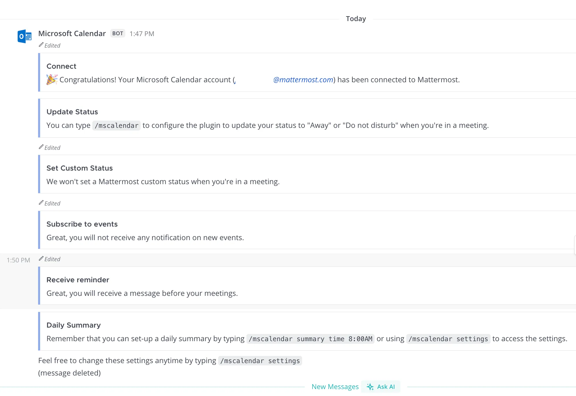 Mattermost에서 Microsoft Calendar 봇으로부터 받은 첫 번째 직접 메시지 예시.