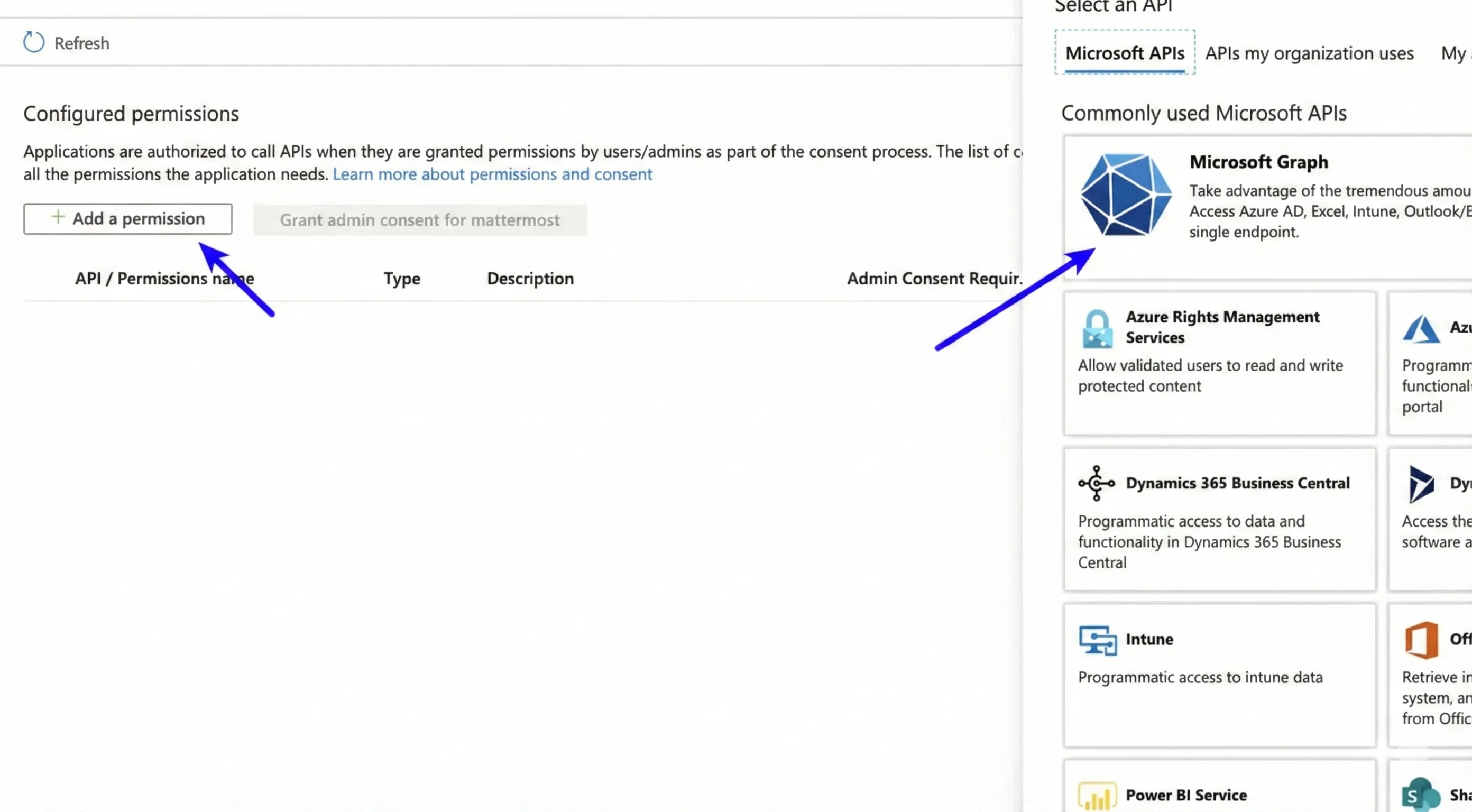 Azure에서 Microsoft Graph에 대한 권한을 추가합니다.