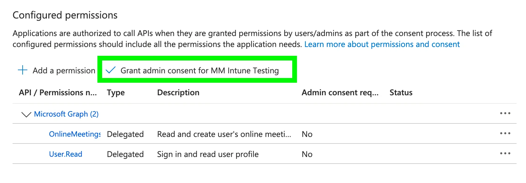 Azure에서 애플리케이션에 대한 관리자 동의 권한을 부여합니다.