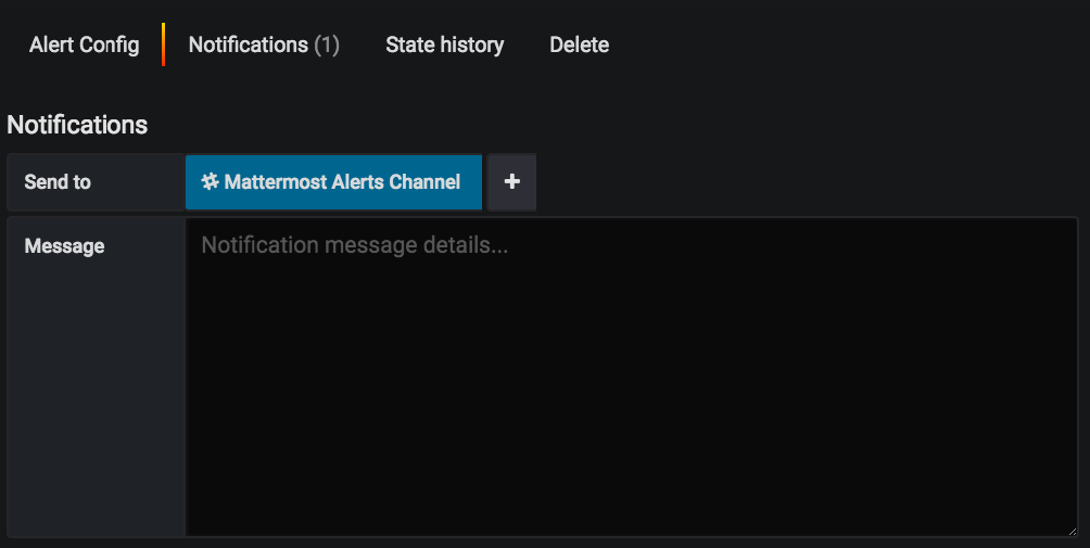 Grafana 대시보드 알림을 구성할 때 알림 탭으로 전환하고 보내기를 선택한 다음 Mattermost Alerts Channel을 선택하여 알림을 활성화하세요.