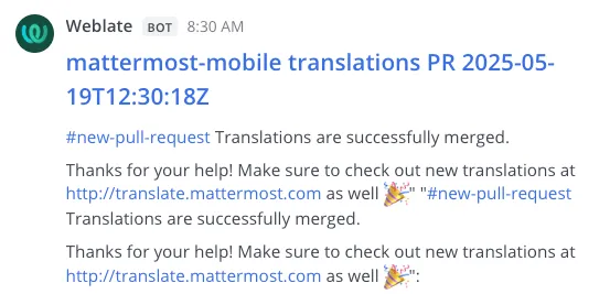 수신 웹훅을 사용하여 Mattermost에 게시된 Weblate 알림 예시.
