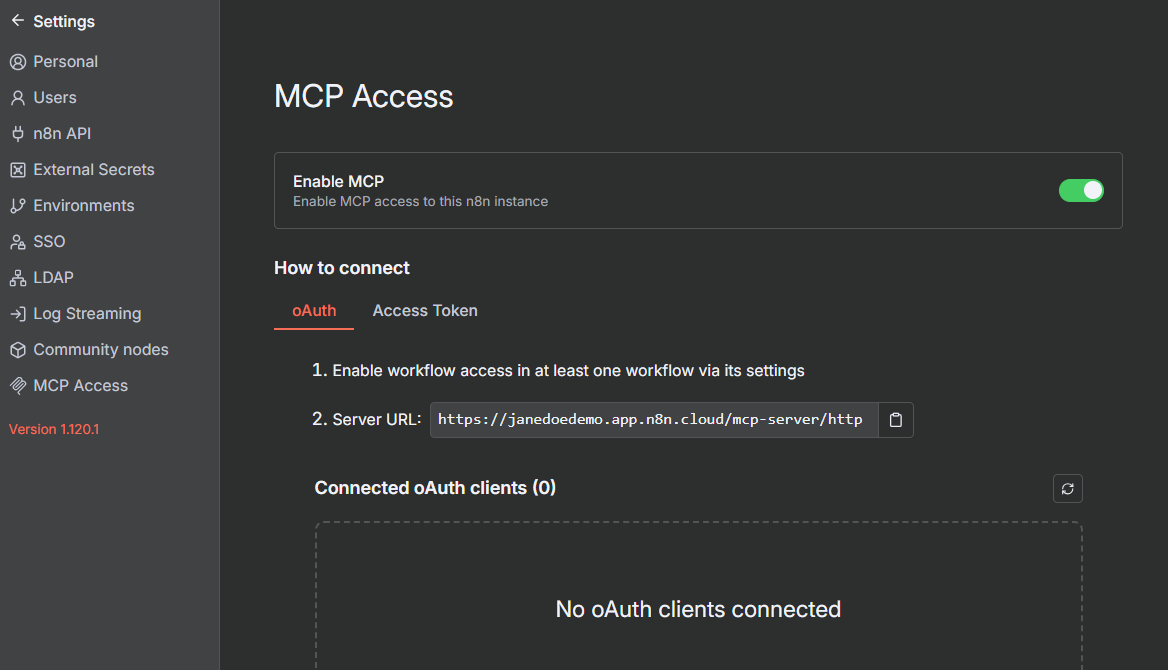 Enable MCP for an instance in instance settings.