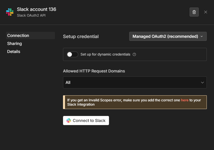 Setting up Slack credentials with managed OAuth