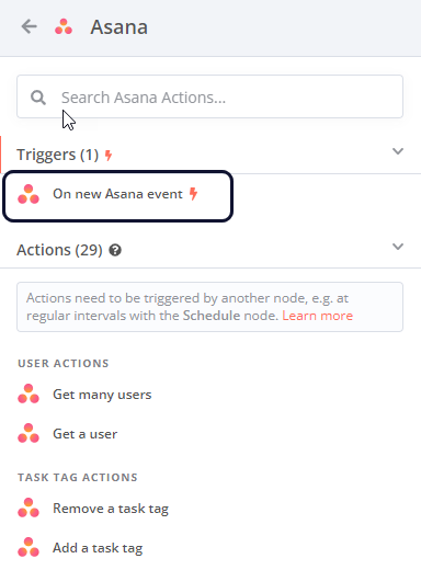Asana 노드 작업 목록의 스크린샷으로, 목록 맨 위에 추천(Recommended) 섹션이 표시됨
