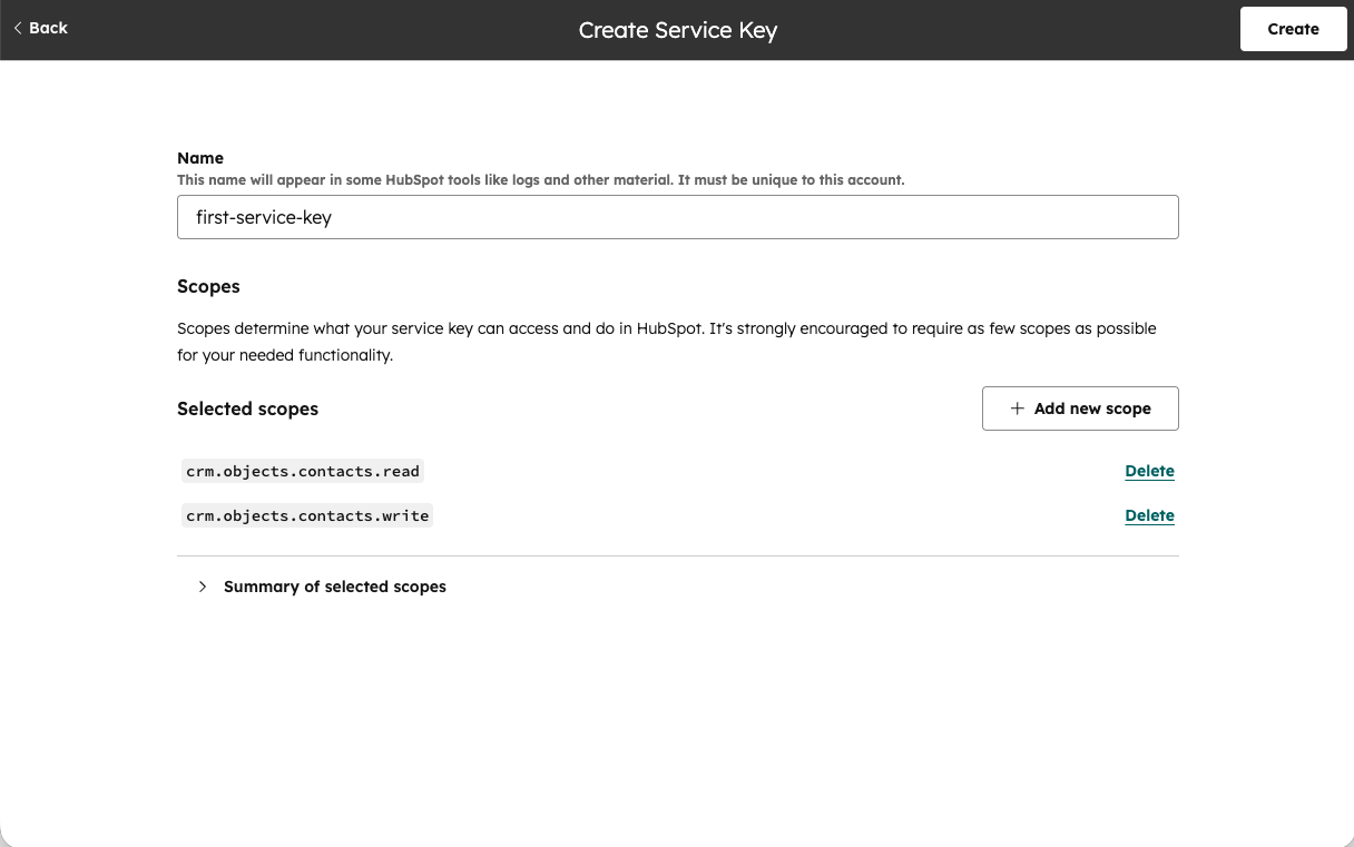 이름과 스코프 필드가 있는 Create Service Key 양식