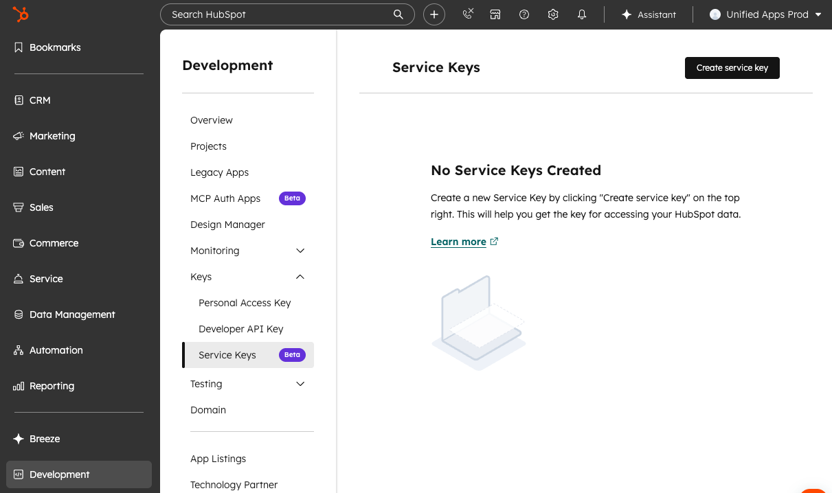 HubSpot의 Development 메뉴에 있는 Service Keys 페이지