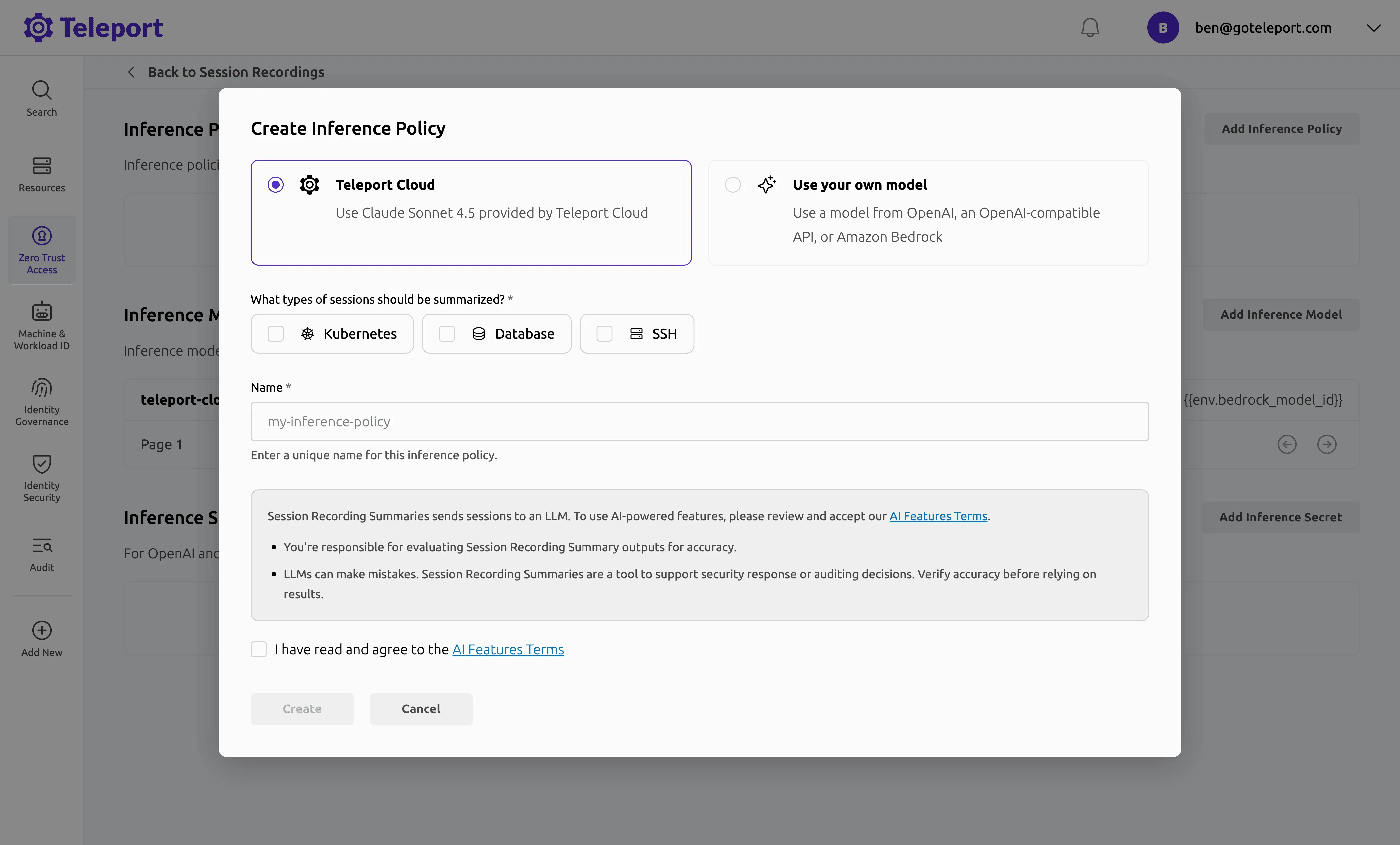 Create Inference Policy dialog in the Teleport Web UI
