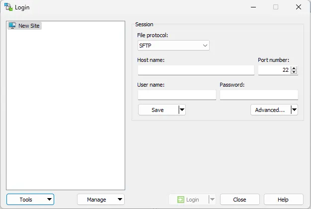 WinSCP Site Manager window