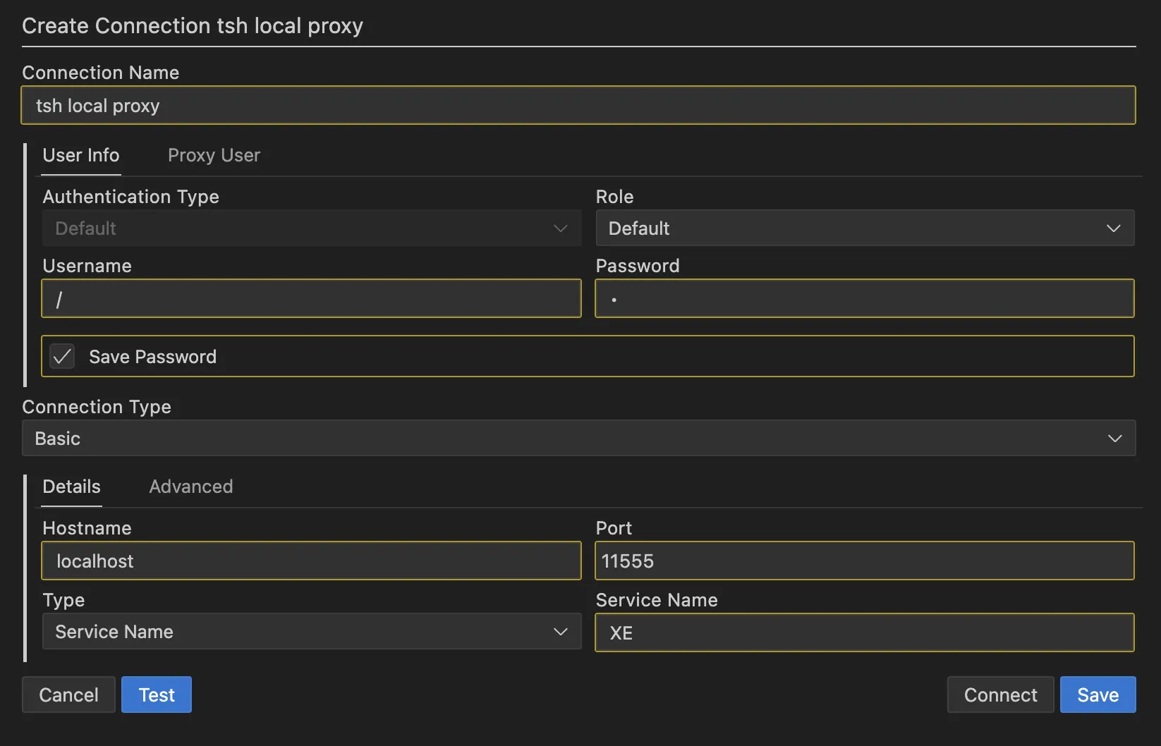 SQL Developer (VS Code) Connection Details (basic)