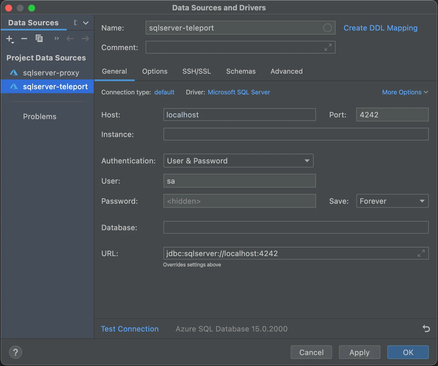 DataGrip connection options