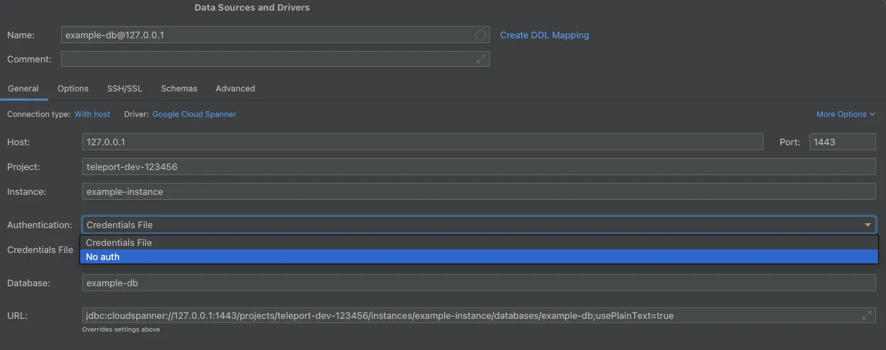 Choose No Auth For DataGrip Spanner Data Source