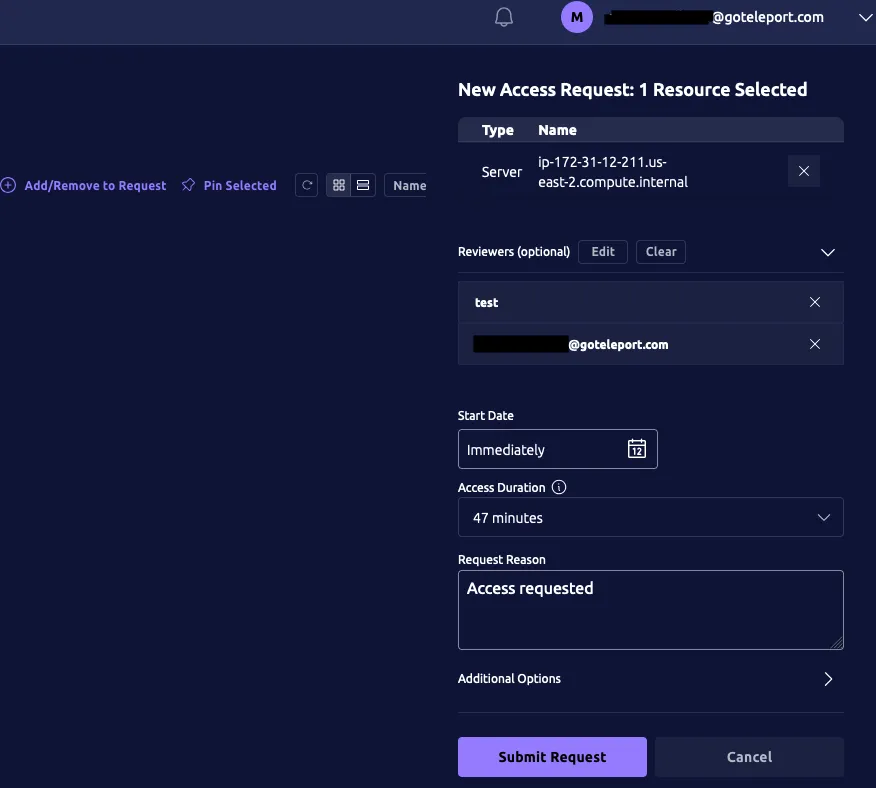 Web UI를 사용하여 Access Request 생성