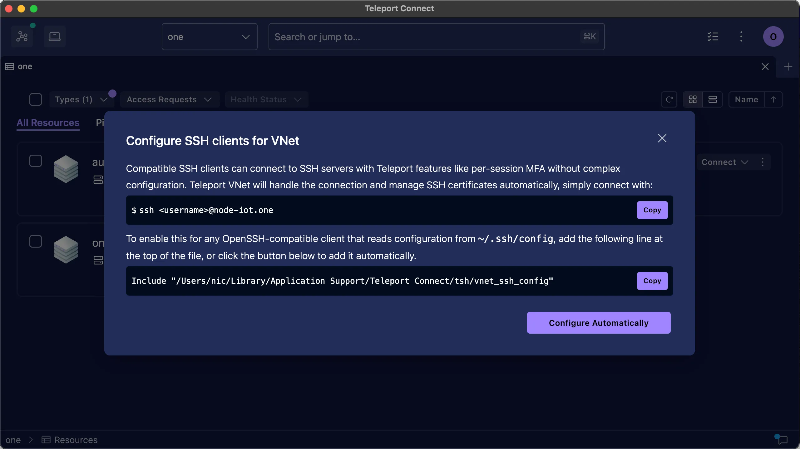 Teleport Connect의 SSH 클라이언트 구성 모달